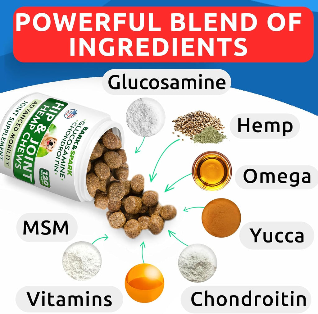 BARK&SPARK Advanced Hemp Chews for Dog Joint Pain Relief - Glucosamine Chondroitin Hemp Treats Hip Joint Health - Joint Supplement Large Breed & Small - Treats Joints Old Senior Dog (120Ct/Bacon)