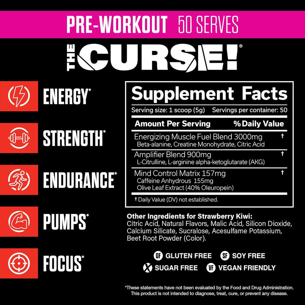 JNX SPORTS The Curse! Pre Workout Powder for Men & Women, Caffeine, Beta-Alanine, Creatine, L-Citrulline, 50 Servings, Strawberry Kiwi Flavor – Boost Energy, Strength & Focus