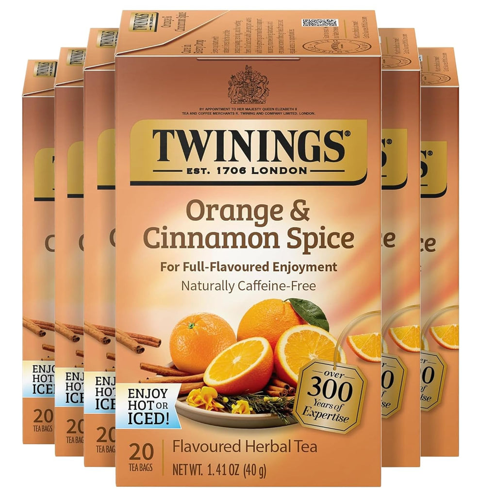 Twinings Orange & Cinnamon Spice Herbal Tea Individually Wrapped Bags, 20 Count (Pack of 6), Naturally Caffeine-Free, Enjoy Hot or Iced, 120 Teabags