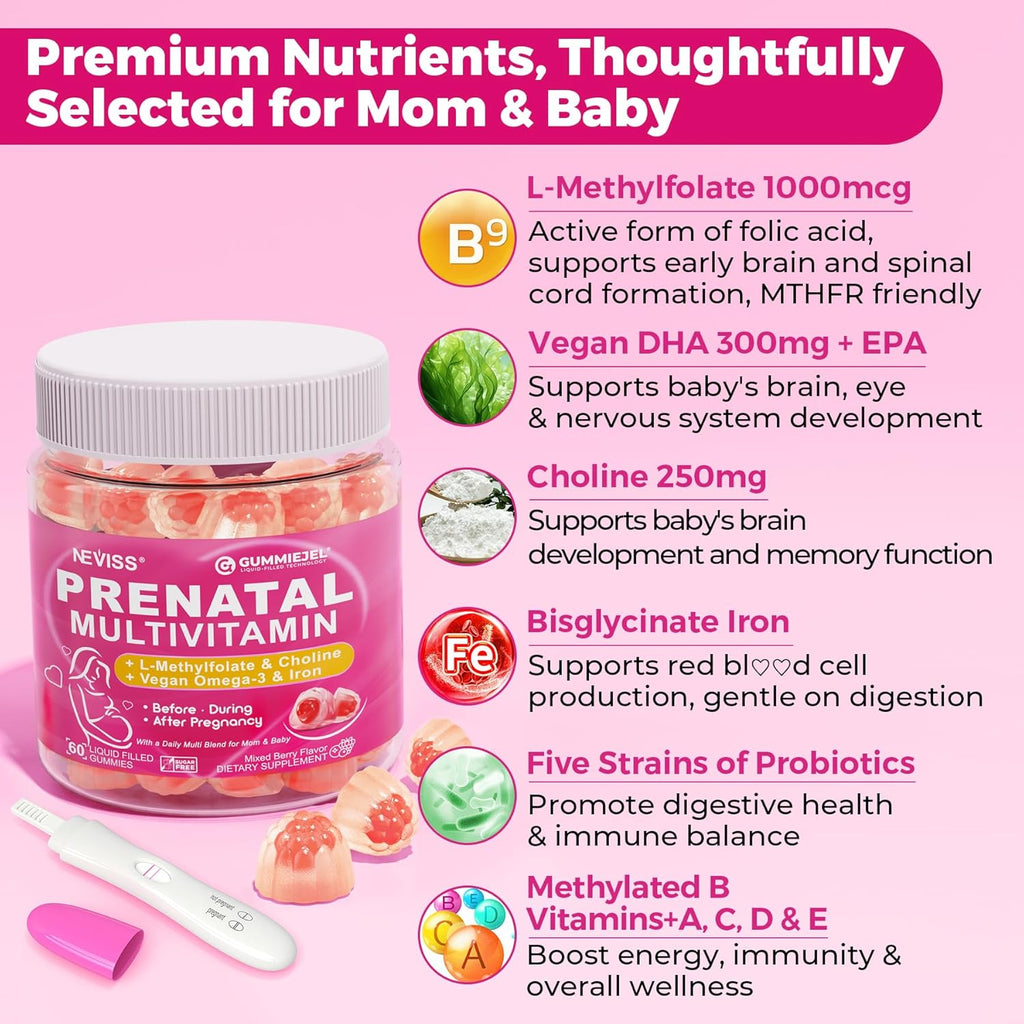Prenatal Multivitamin Gummy for Women w/Methylfolate 1mg, Iron Choline Omega-3(DHA+EPA), Prenatal Vitamins for Women Gummies, Postnatal Vitamins | Before,During & After Pregnancy, Sugar Free,120Cts