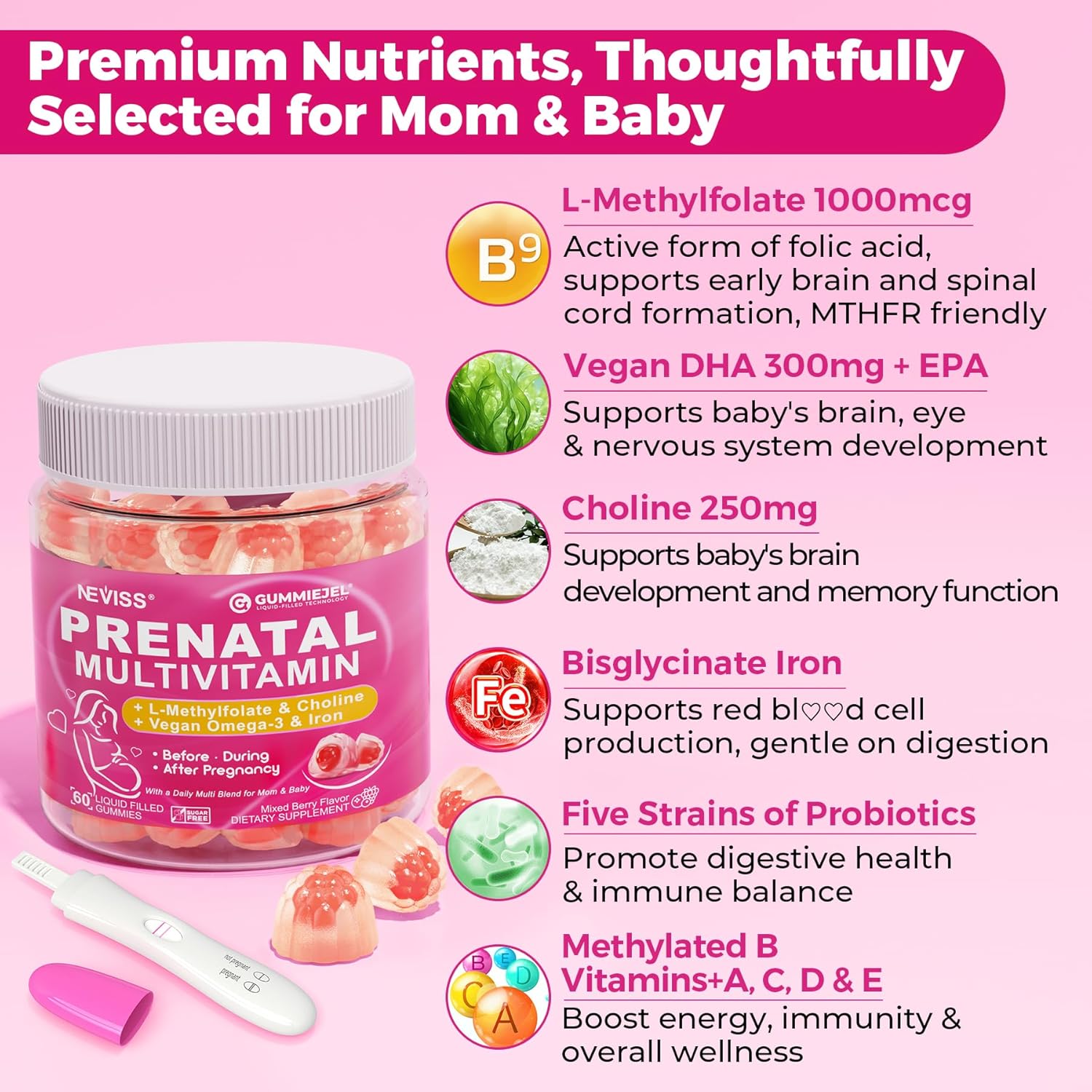 Prenatal Multivitamin Gummy for Women w/Methylfolate 1mg, Iron Choline Omega-3(DHA+EPA), Prenatal Vitamins for Women Gummies, Postnatal Vitamins | Before,During & After Pregnancy, Sugar Free,120Cts