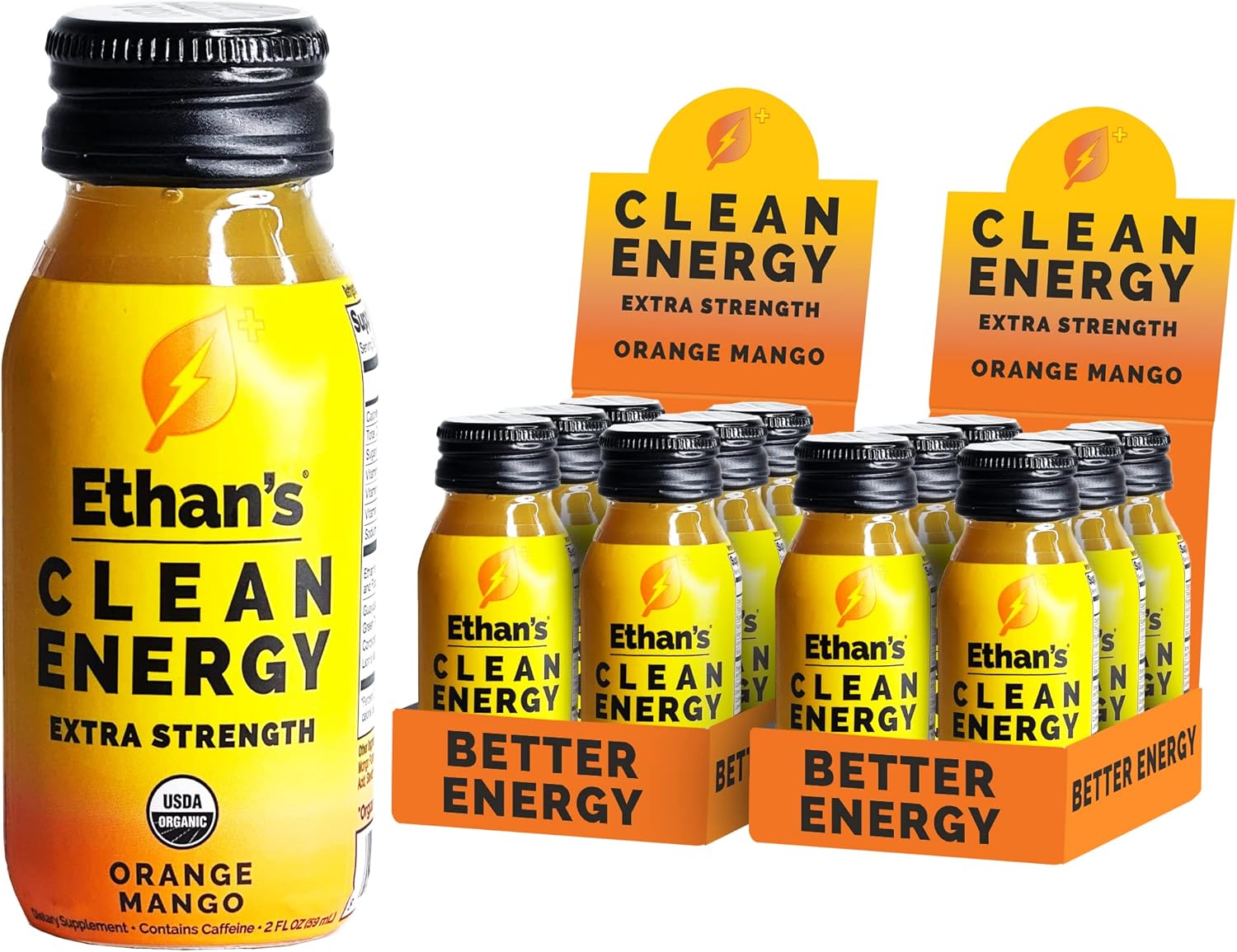 Ethan's Organic Clean Energy Shots Orange Mango, Sugar Free Natural Pre-Workout Focus Boost, Gluten Free, Vegan, B6 & B12 Vitamin C with Green Tea Extract and Guayusa (12 Pack of 2oz Shots)