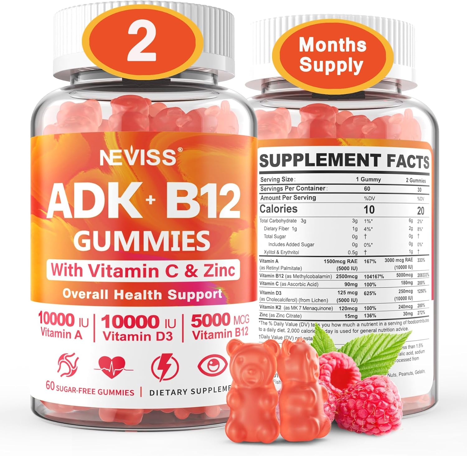Methylated Multivitamin Women Men, Vitamin D3 K2 5000IU / 10,000IU, B12 5000 mcg 2500mcg, K2 (MK-7) 240mcg- ADK+Methyl Vitamin B12, Vegan D3,Vitamin A,C,Zinc Eye,Bone,Energy,Immune, Sugar-Free Gummies