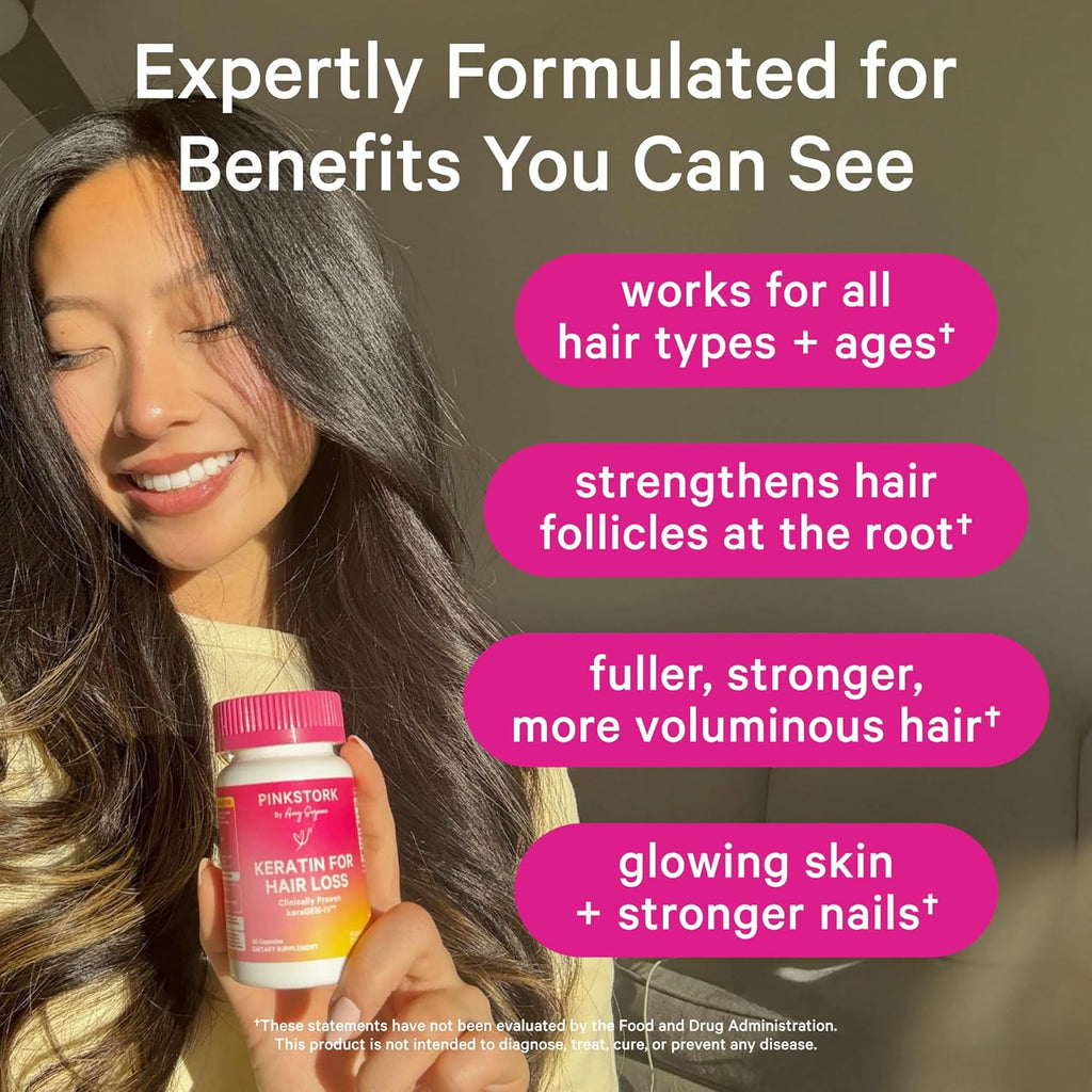 Pink Stork Keratin Hair Loss Supplement for Women - Clinically Studied KeraGEN-IV for Hair Care, Thinning, Shedding and Beauty - Hair Skin and Nails Support - Postpartum Hair Growth - 30 Capsules