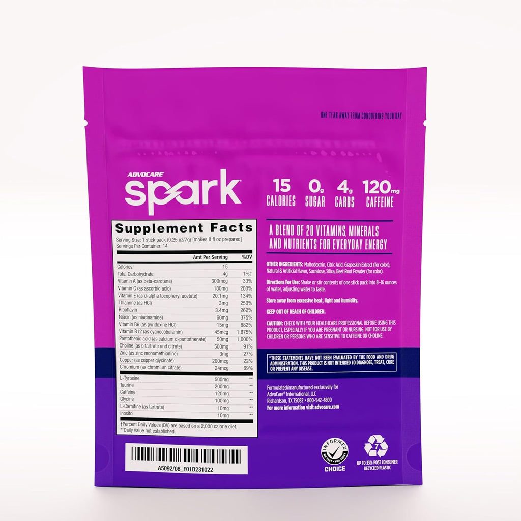 AdvoCare Spark Vitamin & Amino Acid Supplement - Focus & Energy Drink Powder Mix with Vitamin A, B-6, C & E - Also Includes L-Carnitine & L-Tyrosine - Grape, 14 Stick Packs