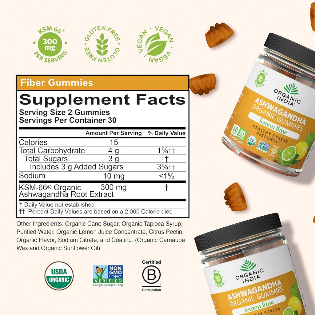ORGANIC INDIA Ashwagandha Gummies for Men & Women - Stress Supplement, KSM-66 Ashwagandha Root, Extra Strength, Calm Chews, Vegan, Non-GMO - Lemon Lime, 60 Gummies