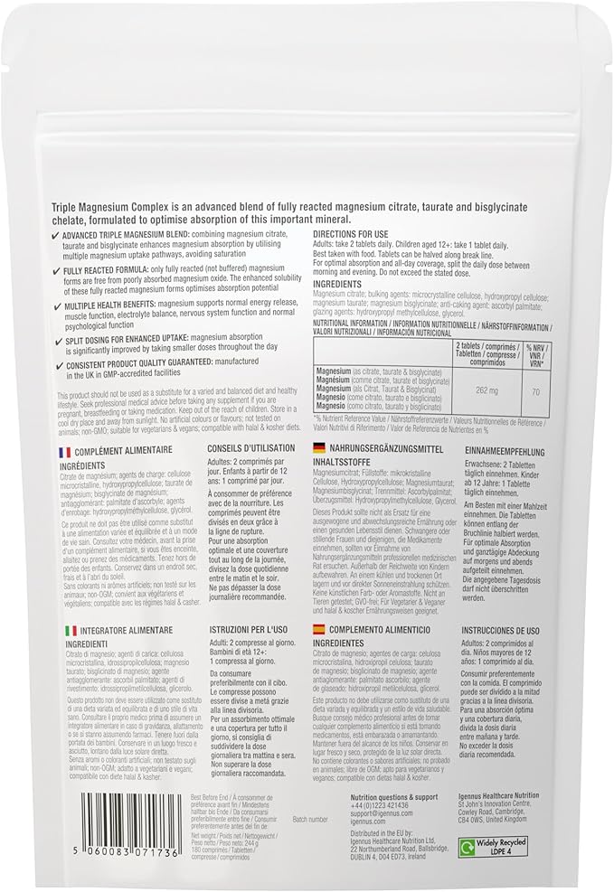 Igennus Superior Triple Magnesium Complex, Fully Reacted & Chelated Glycinate, Taurate & Citrate, Clean Label, High Bioavailability & Absorption, 180 Tablets, Vegan, Non-Buffered