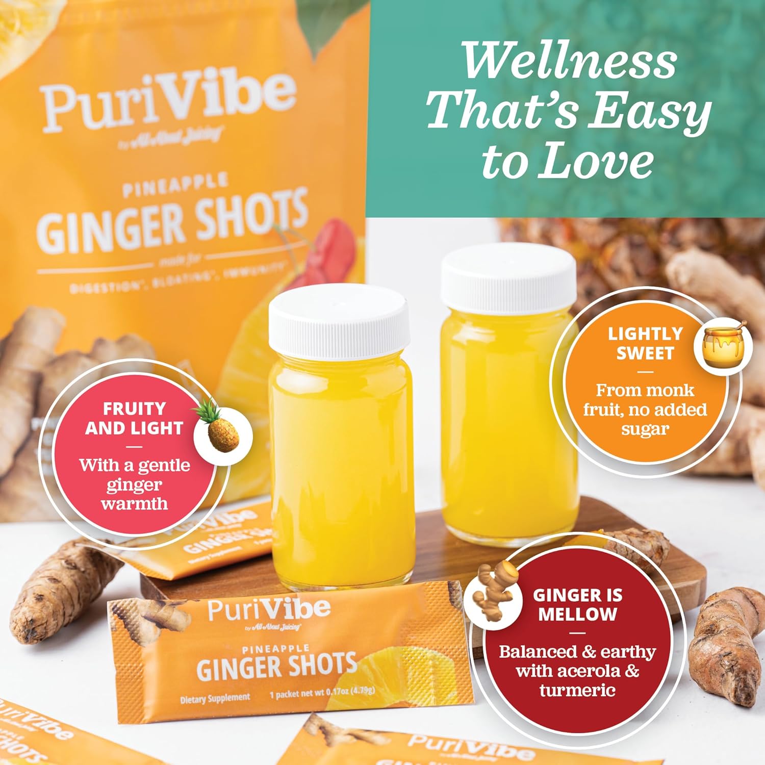 All About Juicing Ginger Shots with Pineapple & Turmeric - Superfood Juice Powder - Immunity, Digestion & Energy Support - 30 Wellness Stick Packs - PuriVibe