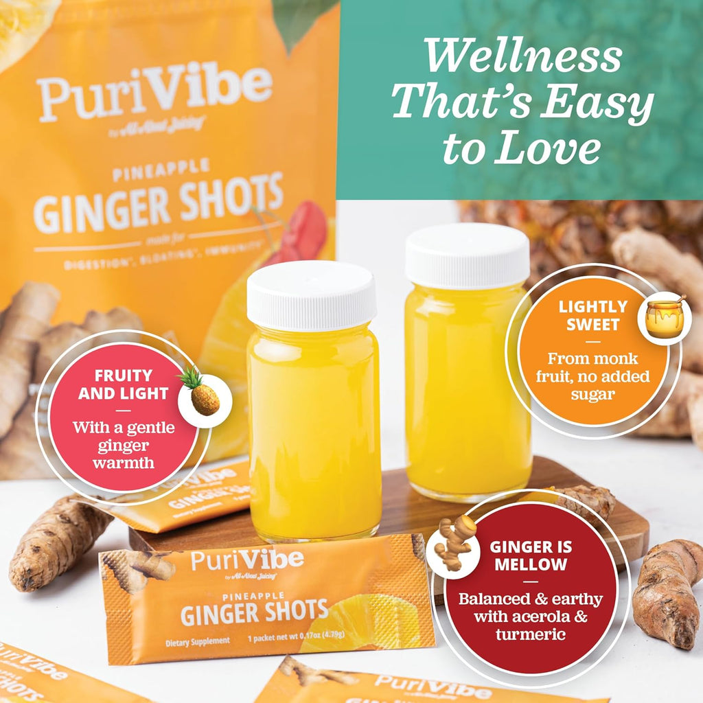 All About Juicing Ginger Shots with Pineapple & Turmeric - Superfood Juice Powder - Immunity, Digestion & Energy Support - 15 Wellness Stick Packs - PuriVibe