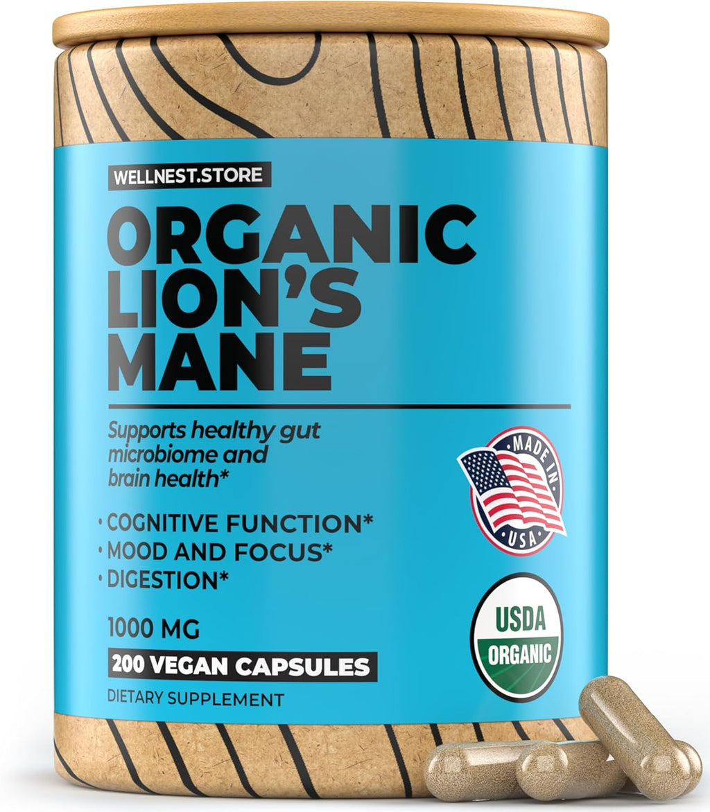 Lions Mane Mushroom Organic Supplement (Hericium Extract) - 1000mg 200 Veggie Capsules - Nootropics Brain Support Supplement; Supports Cognitive Function and Promotes Vitality, Protects Nerve Cells