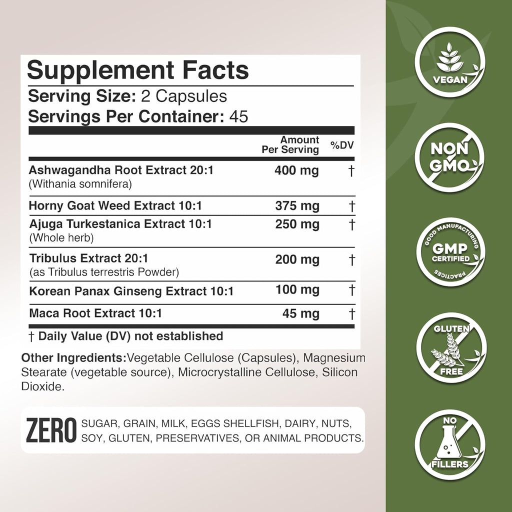 Gade Nutrition Ashwagandha with Maca Root, Horny Goat Weed, Turkesterone Supplement, Tribulus Terrestris, Panax Ginseng | 90 Vegetable Capsules for Energy, Stamina, Performance. | Made in USA