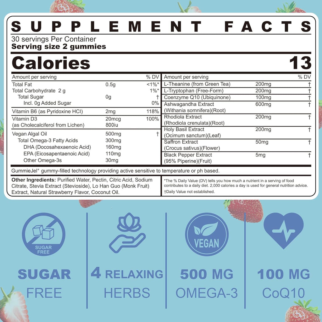 Sugar Free Ashwagandha Mood Support Filled Gummies for Women Men, Calm Gummy with Vitamin D3 B6, Vegan Omega 3, L-Theanine, CoQ10 & Rhodiola Rosea, Natural Relax Calming Supplement, Vegan, 120Cts