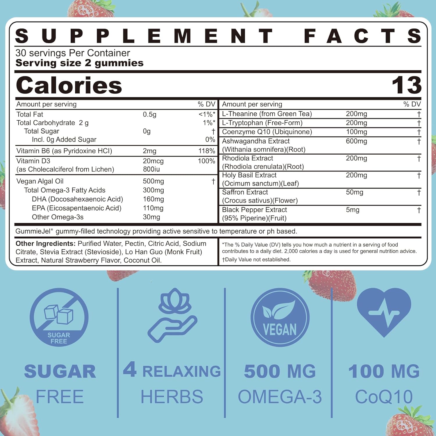 Sugar Free Ashwagandha Calm Gummies with L-Theanine, Vitamin D3, Vegan Omega 3, CoQ10 & Rhodiola Rosea for Women Men, Natural Relax Calming Mood Supplement, Strawberry Flavor, Vegan, 60 Filled Gummies