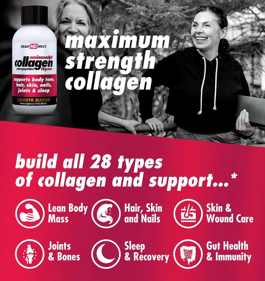 HEALTH DIRECT – Medical-Grade Liquid Collagen Shots – AminoSculpt Sugar-Free – Smooth Mango – 12 Servings, (12pk, 2oz Shots) – Good for Joints, Bones, & Sleep – Better Hair, Skin & Nails