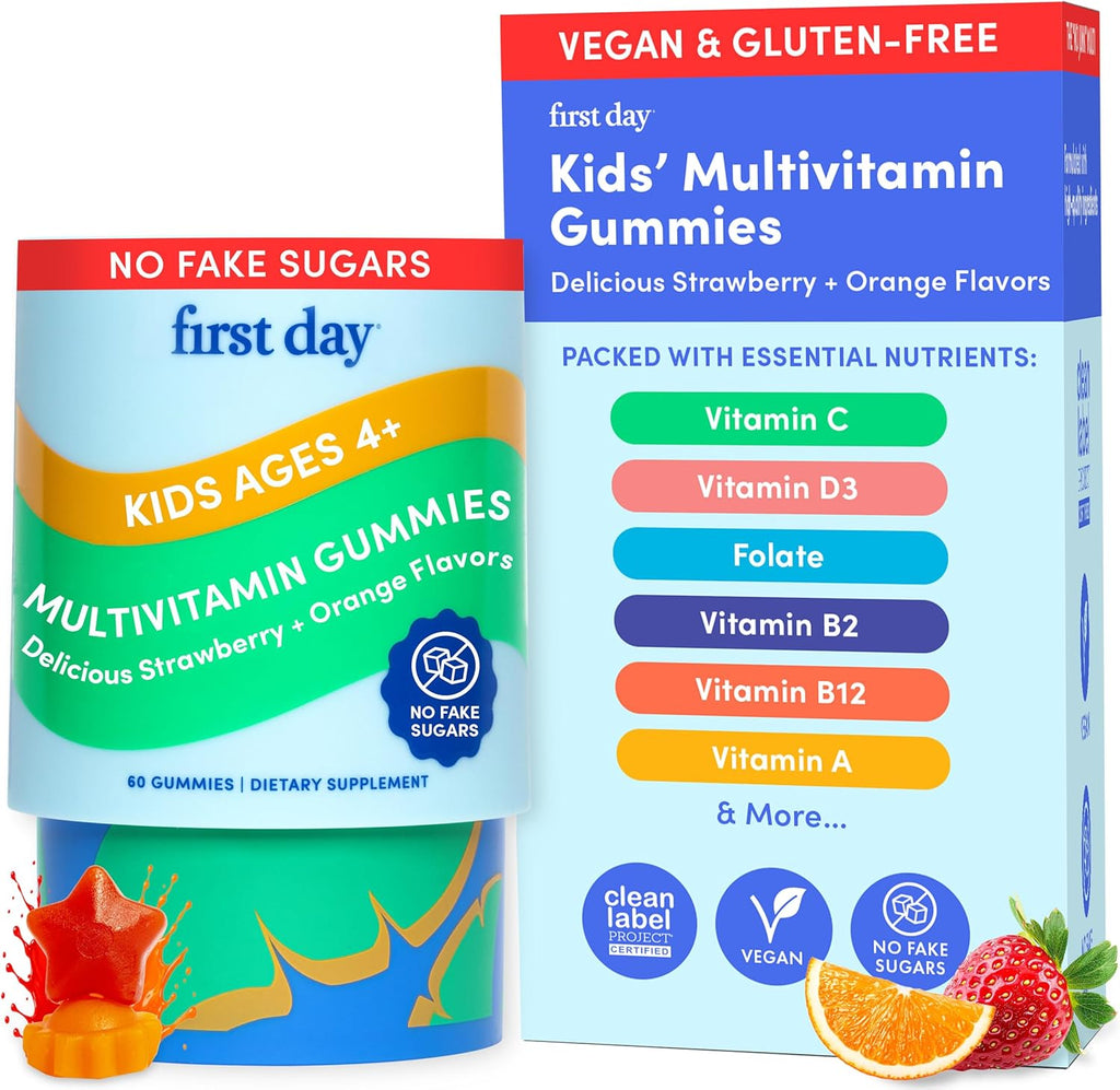 First Day Kids Multivitamin Gummies Age 4+, Strawberry & Orange - Kids Vitamins Multivitamin Gummy A C D3 K2 B1 B2 B6 B12 Folate, Immunity & Brain Function, Vegan - 30 Day Supply, Packaging May Vary