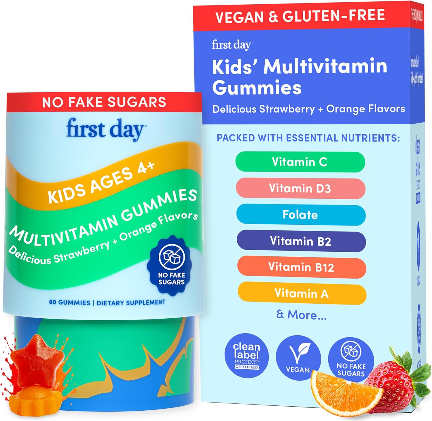 First Day Kids Multivitamin Gummies Age 4+, Strawberry & Orange - Kids Vitamins Multivitamin Gummy A C D3 K2 B1 B2 B6 B12 Folate, Immunity & Brain Function, Vegan - 30 Day Supply, Packaging May Vary
