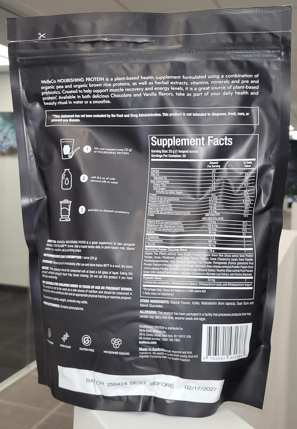 WelleCo, Nourishing Protein, Premium Organic Sprouted Brown Rice & Pea Protein, Chocolate Flavour, 300g (10.5oz) Pouch
