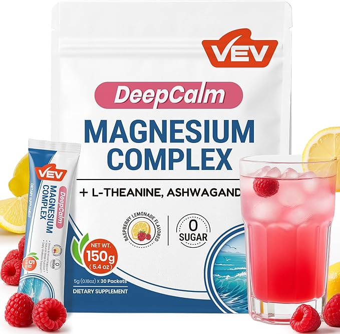 VEV Magnesium Complex for Women DeepCalm Magnesium Drink Powder Supplement with Ashwagandha, L-Theanine & Vitamin D – Calm & Relaxation – Raspberry Lemonade Flavor – Vegan – 30 Ct