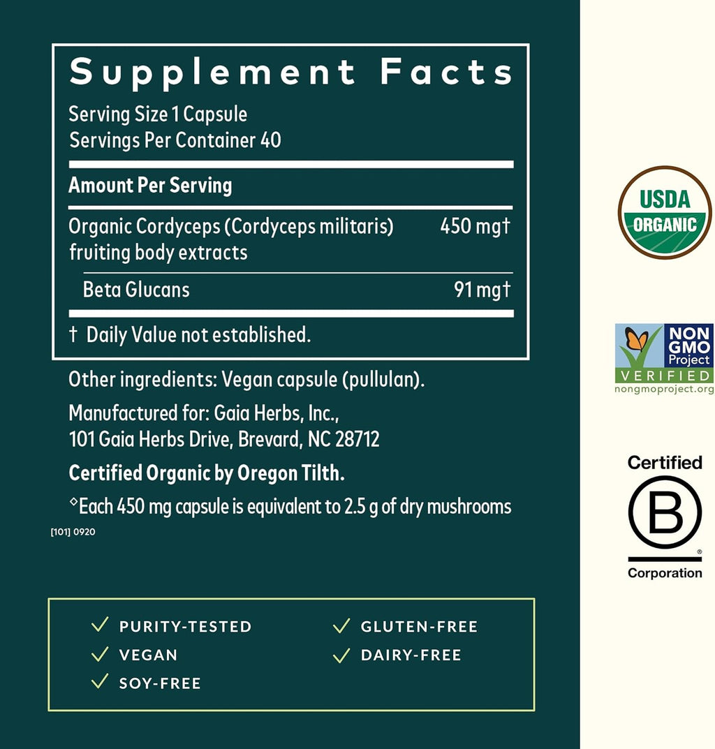 Gaia Herbs Cordyceps Mushroom - Energy Support Supplement for Sustaining Energy, Endurance, and Stamina - with Organic Cordyceps Mushroom - 40 Vegan Liquid Phyto-Capsules (40-Day Supply)