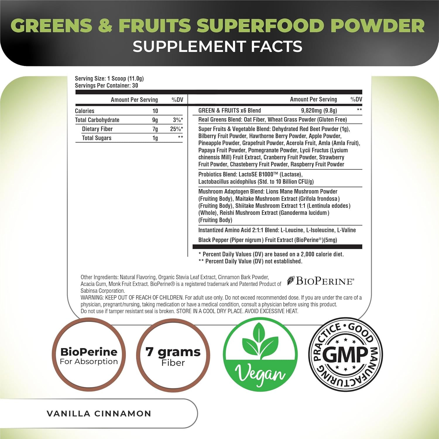 Nutrology Greens & Fruits Powder-Naturally Sourced Superfood, Beet Powder, Mushroom Blend, Probiotics, Digestive Enzymes, Fiber, Antioxidants, Immune Support, Gluten Free - Vanilla Cinnamon