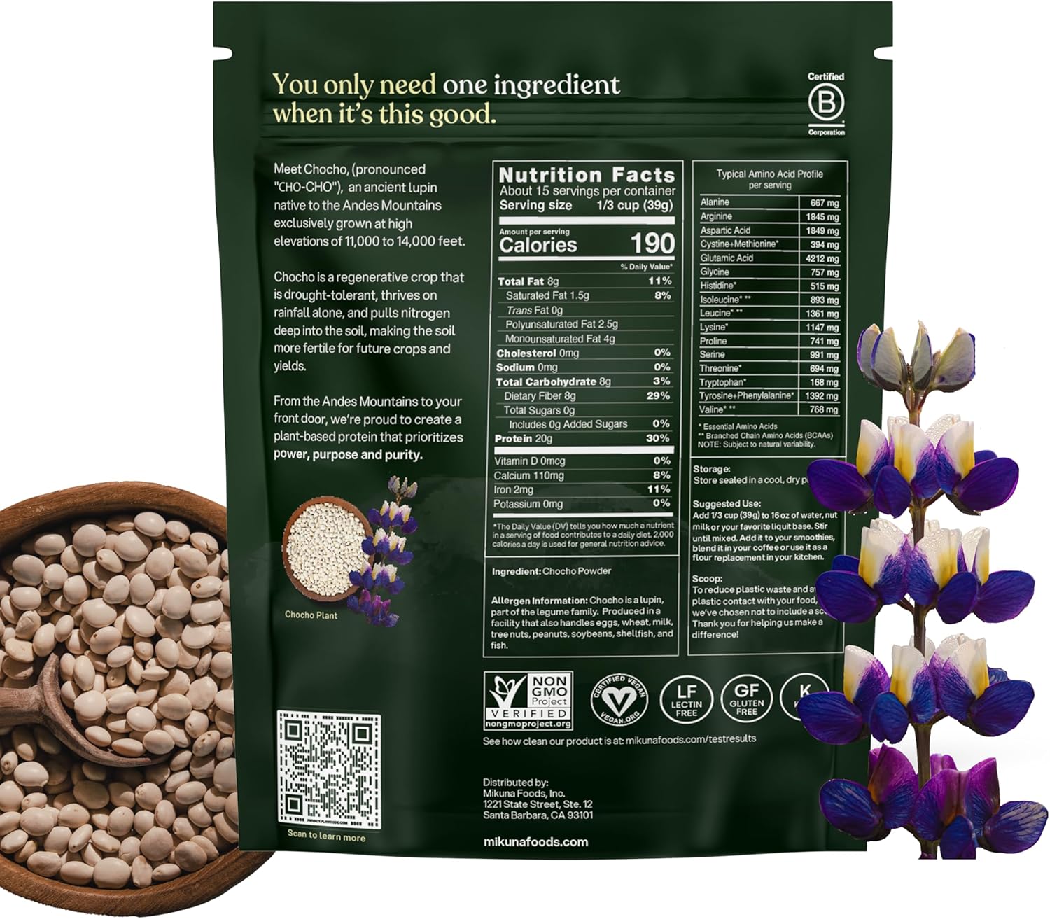 Mikuna Vegan Protein Powder (Unflavored, 15 Servings) - Plant Based Chocho Superfood Protein - Dairy Free Protein Powder Packed with Vitamins, Minerals & Fiber - Gluten, Keto & Lectin-Free