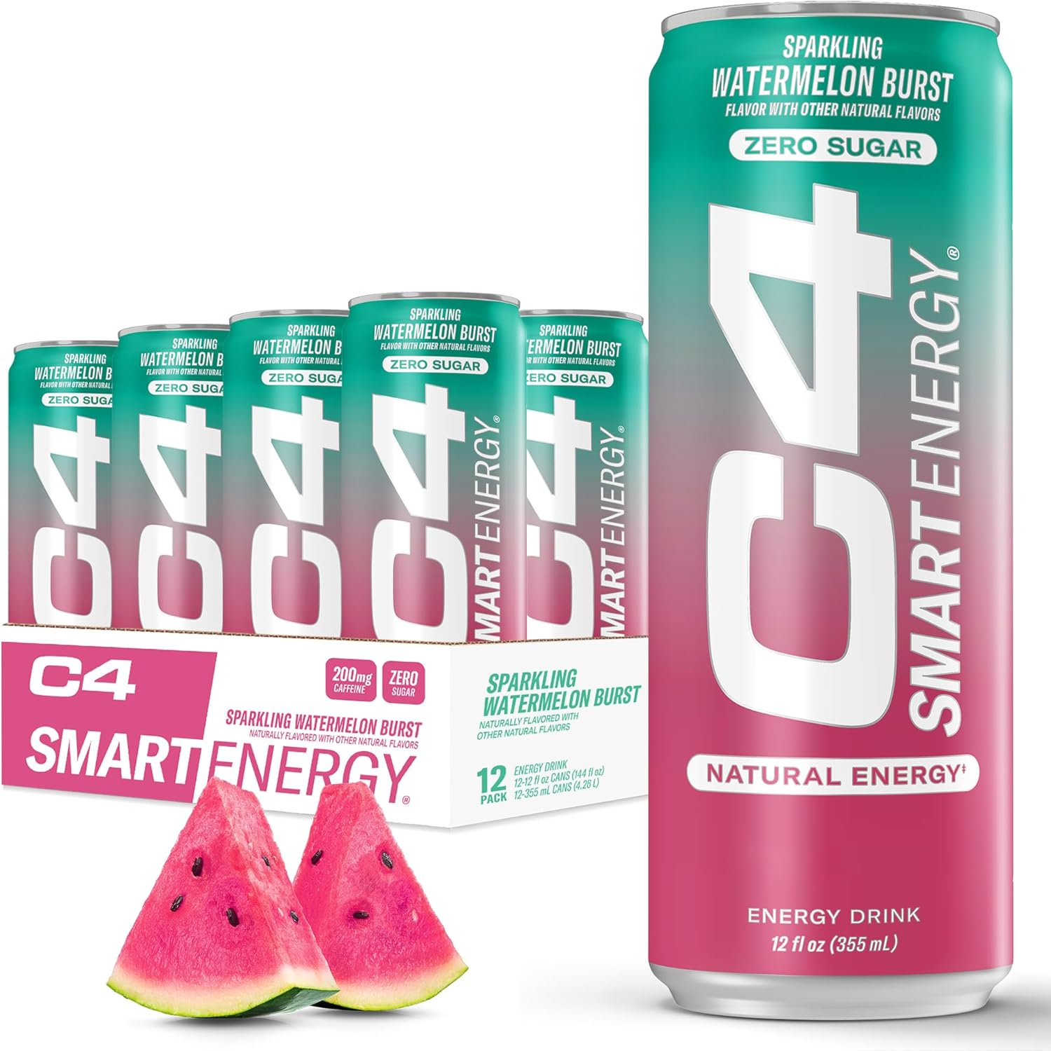Cellucor C4 Smart Energy Drink ‚ Boost Focus and Energy with Zero Sugar, Natural Energy, and Nootropics - 200mg Caffeine - Watermelon Burst (12oz Pack of 12)