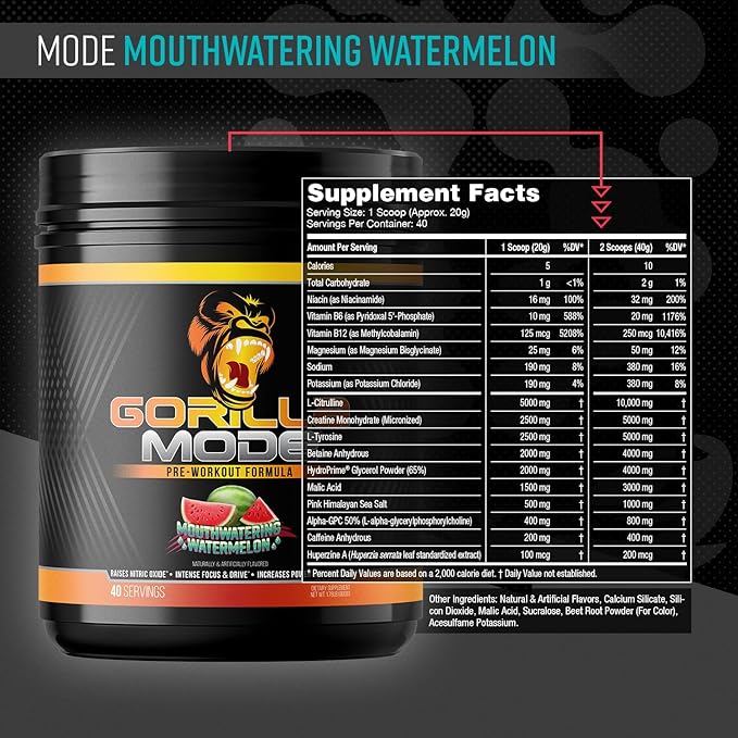 Gorilla Mode Pre Workout - Massive Pumps Laser Focus Energy Power - L-Citrulline, Creatine, L-Tyrosine, Betaine, Hydroprime, Alpha-GPC, 400mg Caffeine, Huperzine A - 800g (Watermelon)
