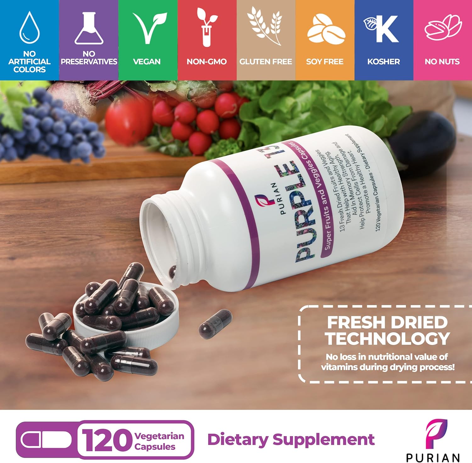 PURIAN Purple SuperFood Fruit and Veggie Supplement Fresh Dried Purple Fruit and Vegetable Supplements Promotes Anti-Aging, Heart Health, Aids Memory Strength, 240 Vegetarian Capsules, 2 Pack