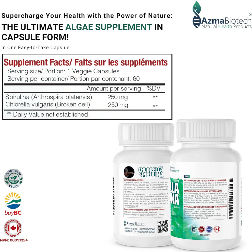 Organic Spirulina and Chlorella Capsules 500mg, 60 Count, 50/50 Blend, Vegan and Gluten-Free, High in Protein and Nutrients, Supports Energy and Immune Function, Made in Canada