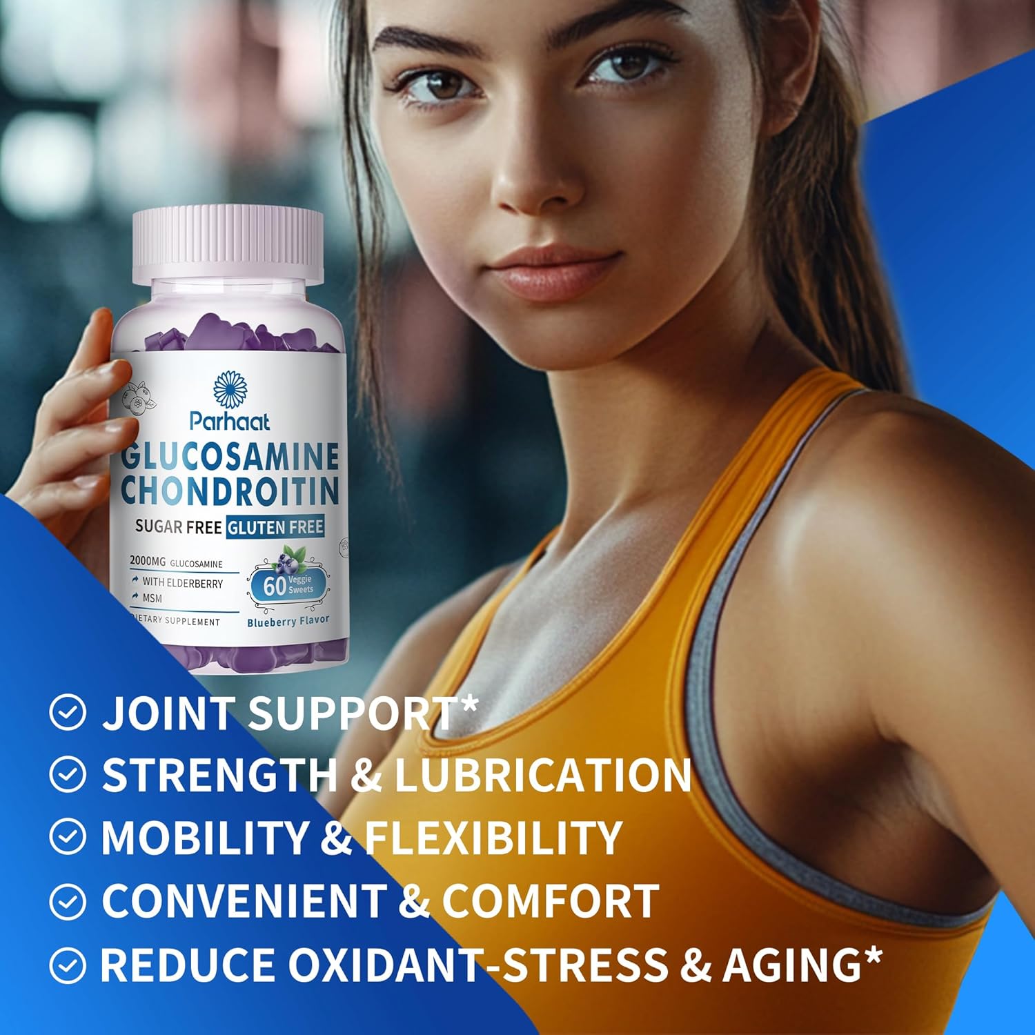 Glucosamine Chondroitin Gummies with MSM & Elderberry Extra Strength - Joint Support, Antioxidant Immune Support Supplement for Adults, Men & Women.Blueberry-2pack