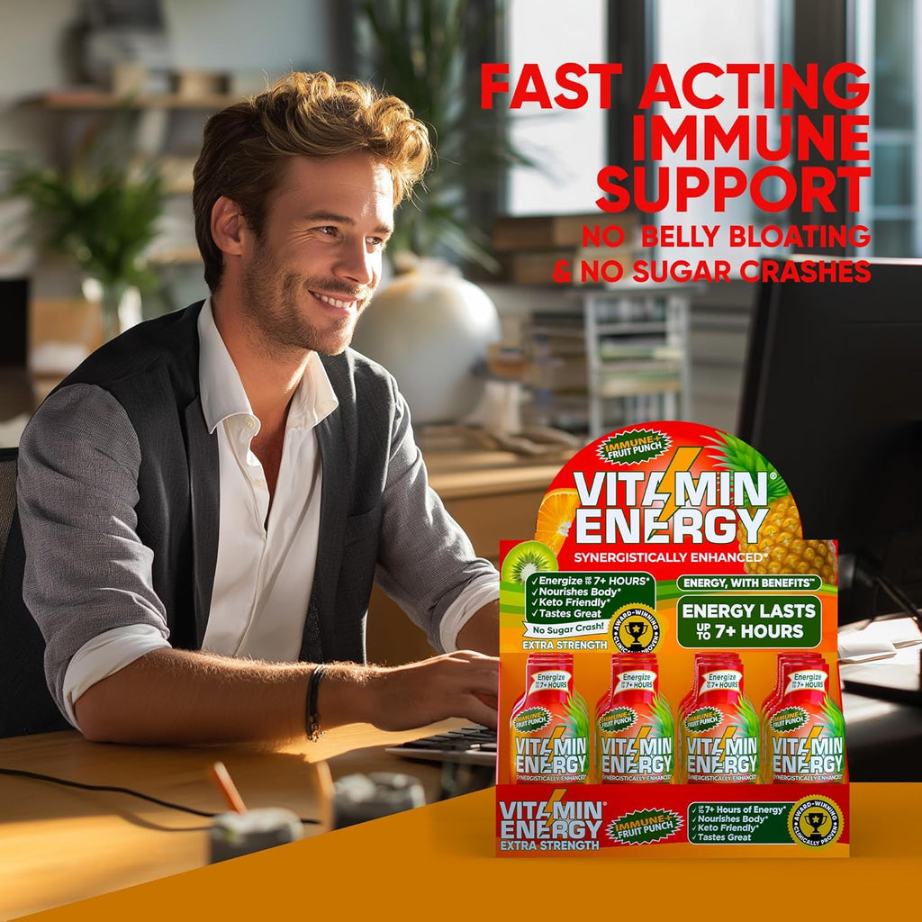 Vitamin Energy Immune+ Extra Strength Energy Shot Fruit Punch 24 Pack, 260mg Natural Caffeine, B-Vitamins, Citicoline, Green Tea, Immunity & Focus Support, Zero Sugar, Gluten-Free 1.93 fl oz