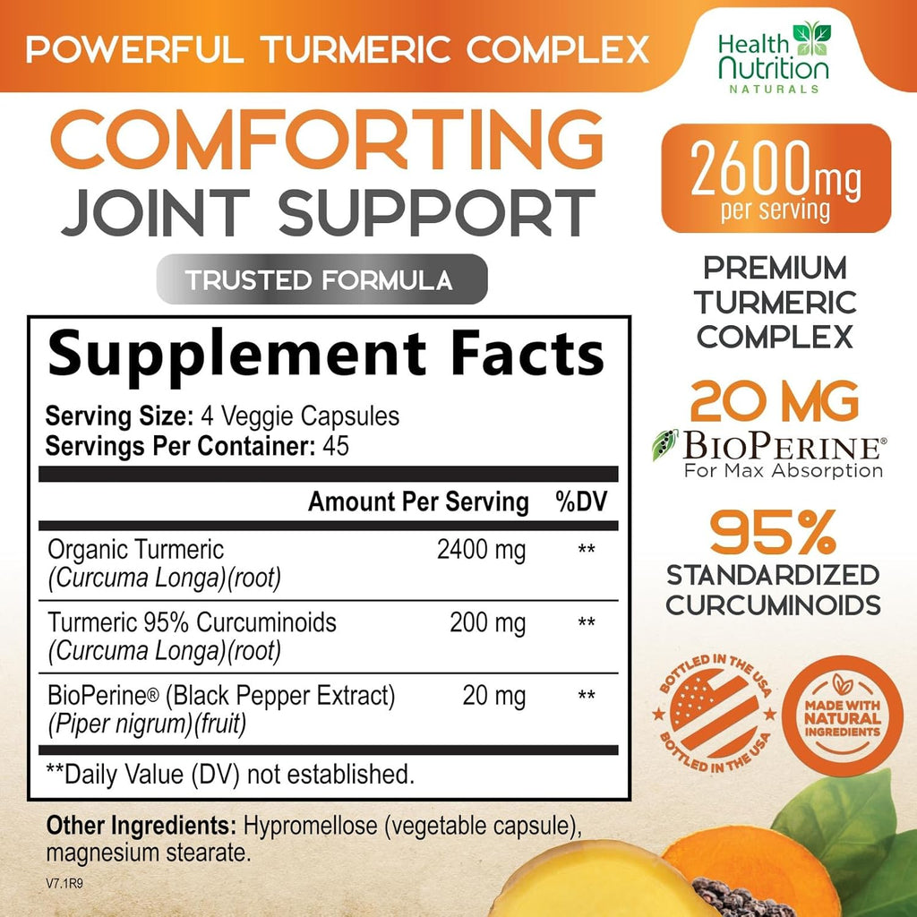 Turmeric Curcumin Supplement 2600mg - 95% Curcuminoids with Organic Turmeric & BioPerine Black Pepper for Best Absorption, Nature's Vegan Joint Support, Non-GMO Tumeric, Bottled in USA - 180 Capsules