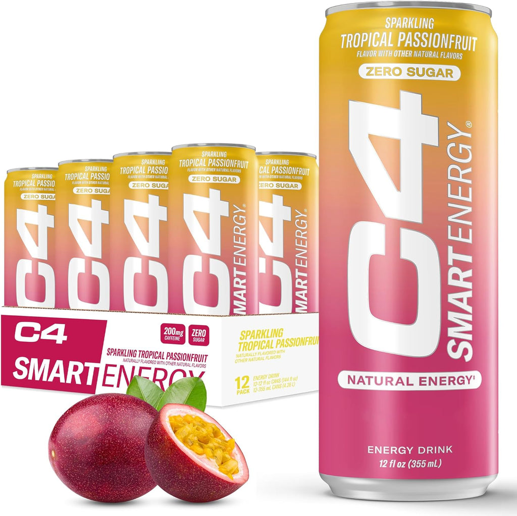 Cellucor C4 Smart Energy Drink - Sugar Free Performance Fuel & Nootropic Brain Booster, Coffee Substitute or Alternative | Tropical Passionfruit 12 Oz - 12 Pack