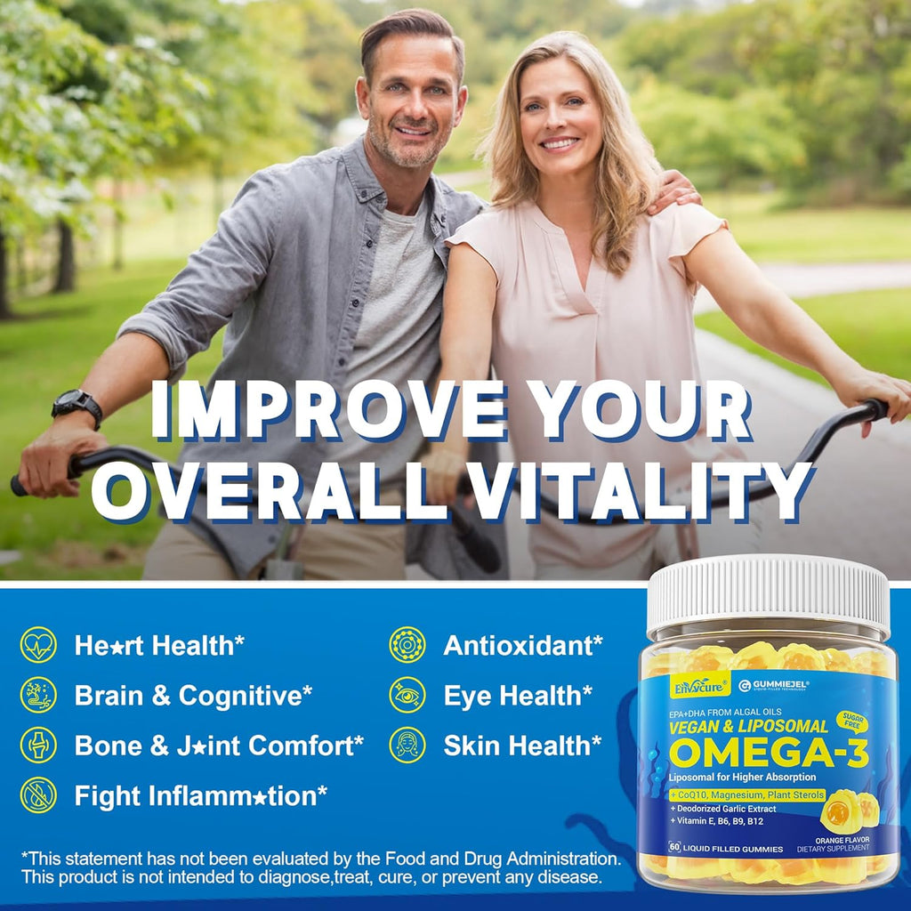 Vegan Omega-3 Gummies 1000mg +CoQ10+Magnesium- EPA 600mg DHA 400mg, Fish Oil Omega 3 Supplements Alternative for Women Men Adults, Liposomal, Algae, Plant Sterols, Garlic,B6,B9, B12, Sugar Free, 2Pack