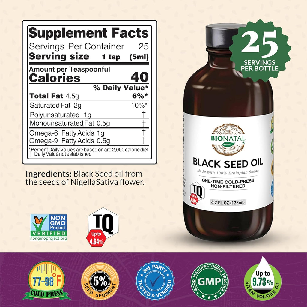 BioNatal Ethiopian Black Seed Oil 4.2oz (GLASS), Up to 4.64% Thymoquinone (TQ), Nigella Sativa Seeds, Non-filtered black cumin seed oil, Cold-pressed