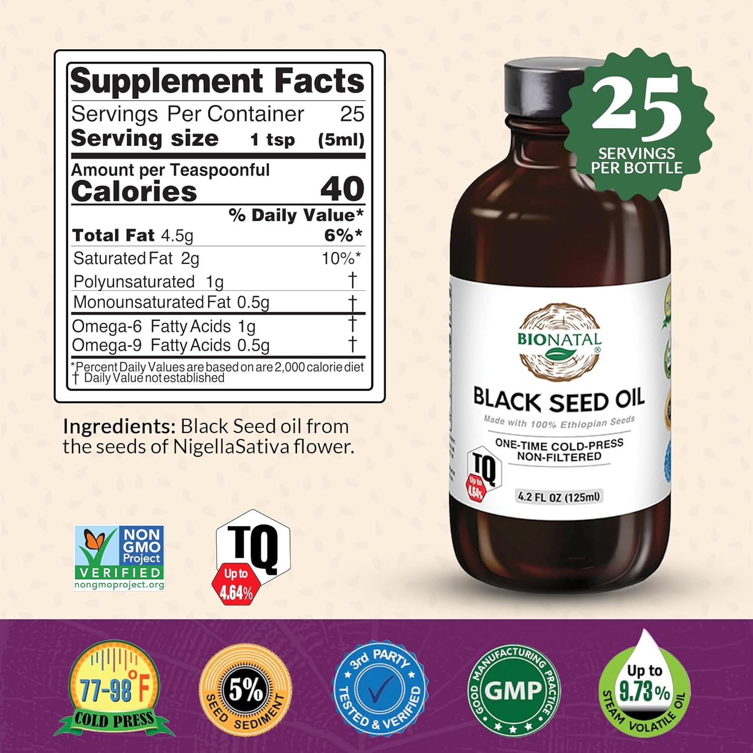BioNatal Ethiopian Black Seed Oil 4.2oz (GLASS), Up to 4.64% Thymoquinone (TQ), Nigella Sativa Seeds, Non-filtered black cumin seed oil, Cold-pressed