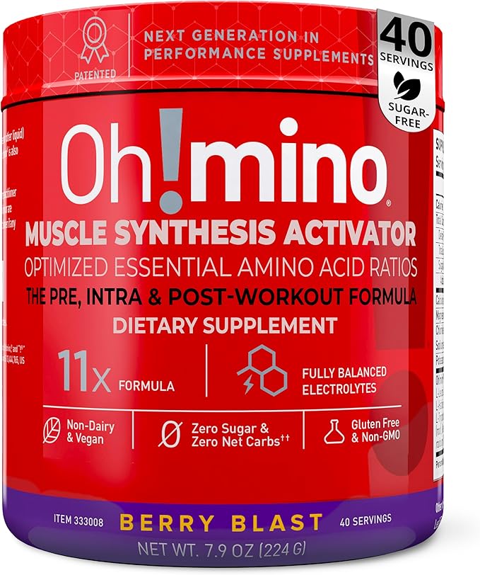 Oh!mino Essential Amino Acids Supplement Drink Powder, Berry Blast, Caffeinated Powder, All 9 EAAs, BCAAs and The Perfect Amino for Workouts, Amino Energy, and to Build Muscle, and Recover Faster