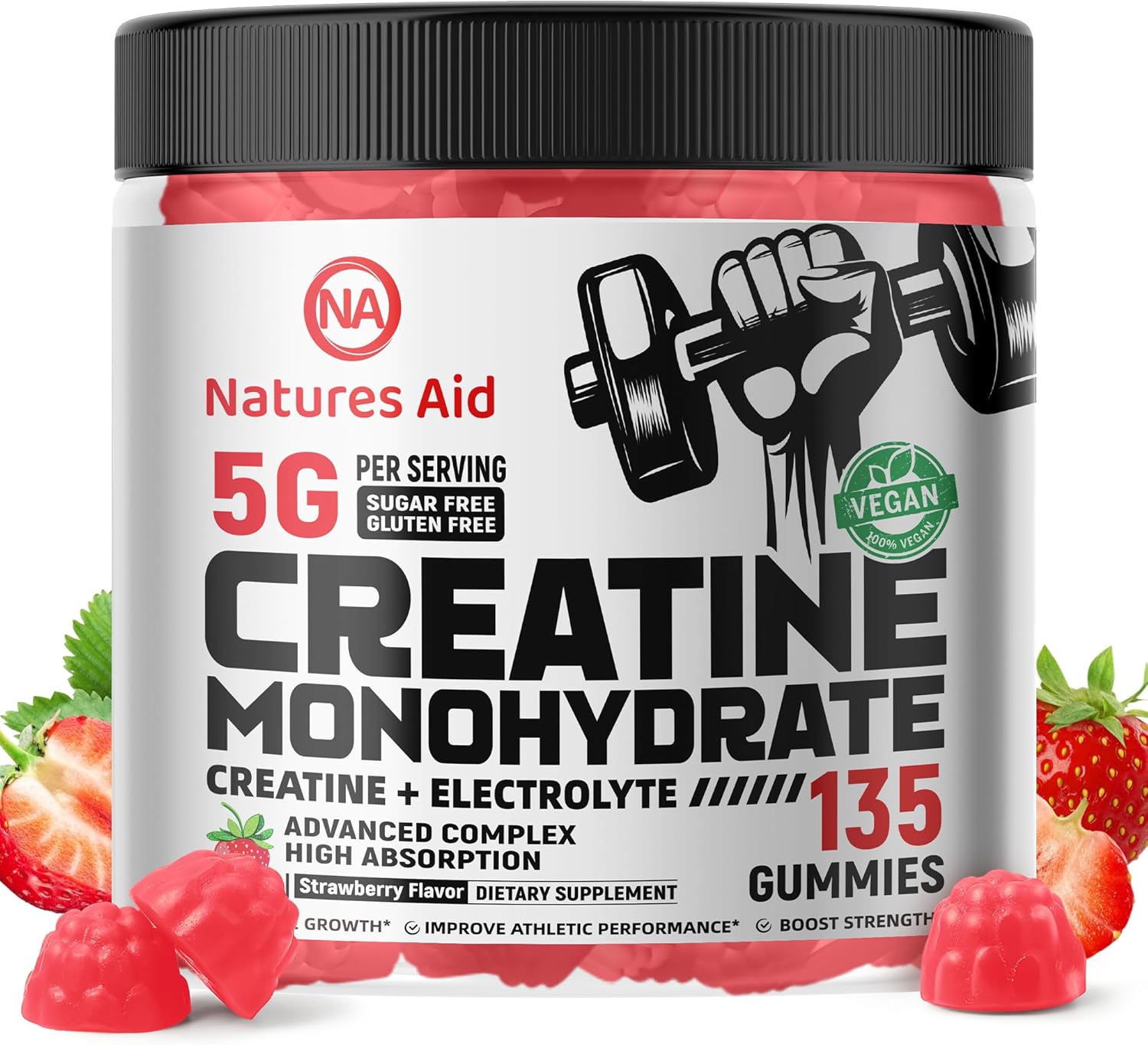 Creatine Monohydrate Gummies (5g) – Pre-Workout Energy & Muscle Growth Support for Men & Women | Strawberry Electrolyte Gummies (135 Count)