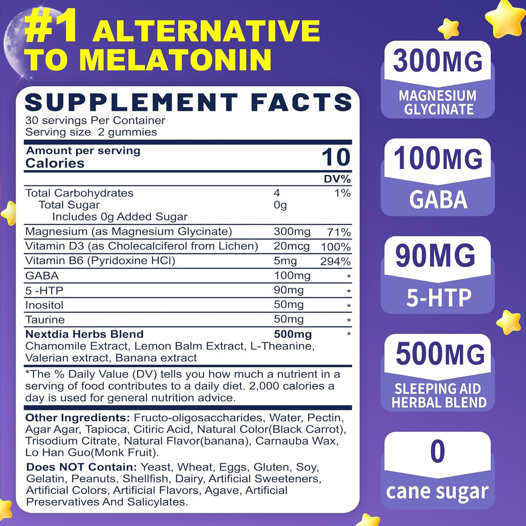 Melatonin Free Sleep Gummies, with Magnesium Glycinate, GABA, 5-HTP, L-Theanine, Valerian, Chamomile, Lemon Balm, Vitamin D3 & B6 - Hormone & Drug- Free, Non-Habit Forming,Sugar Free