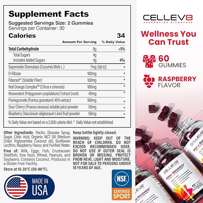 Cellev8 Prime Recovery Joint & Muscle Recovery Gummies - 60 Count - Antioxidant Cellular Health, Daily Energy, Wellness, Supplements with SOD, Tart Cherry - NSF Sport Formula, Raspberry Flavor