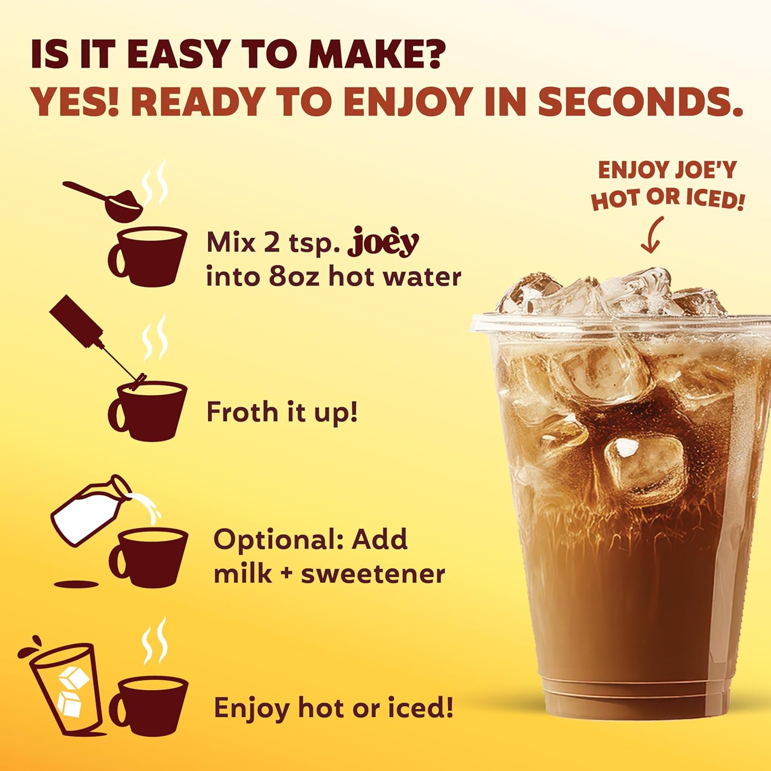 Joey Mushroom Coffee Alternative with Cacao Dandelion Root, and Chicory, Instant Mushroom Coffee Substitute with Superfoods, Vegan Gluten-Free Energy Drink for Focus and Calm, 60 Servings
