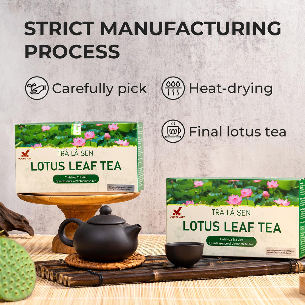 VUONGMART Dried Lotus Leaf Tea, 100% Hand Pick, Stevia, Jiaogulan, Jasmine, Organic Herbal Tea, 30 Tea Bags, Gluten Free, Dairy Free, Sugar Free & Natural, Energy Boost & Health Support