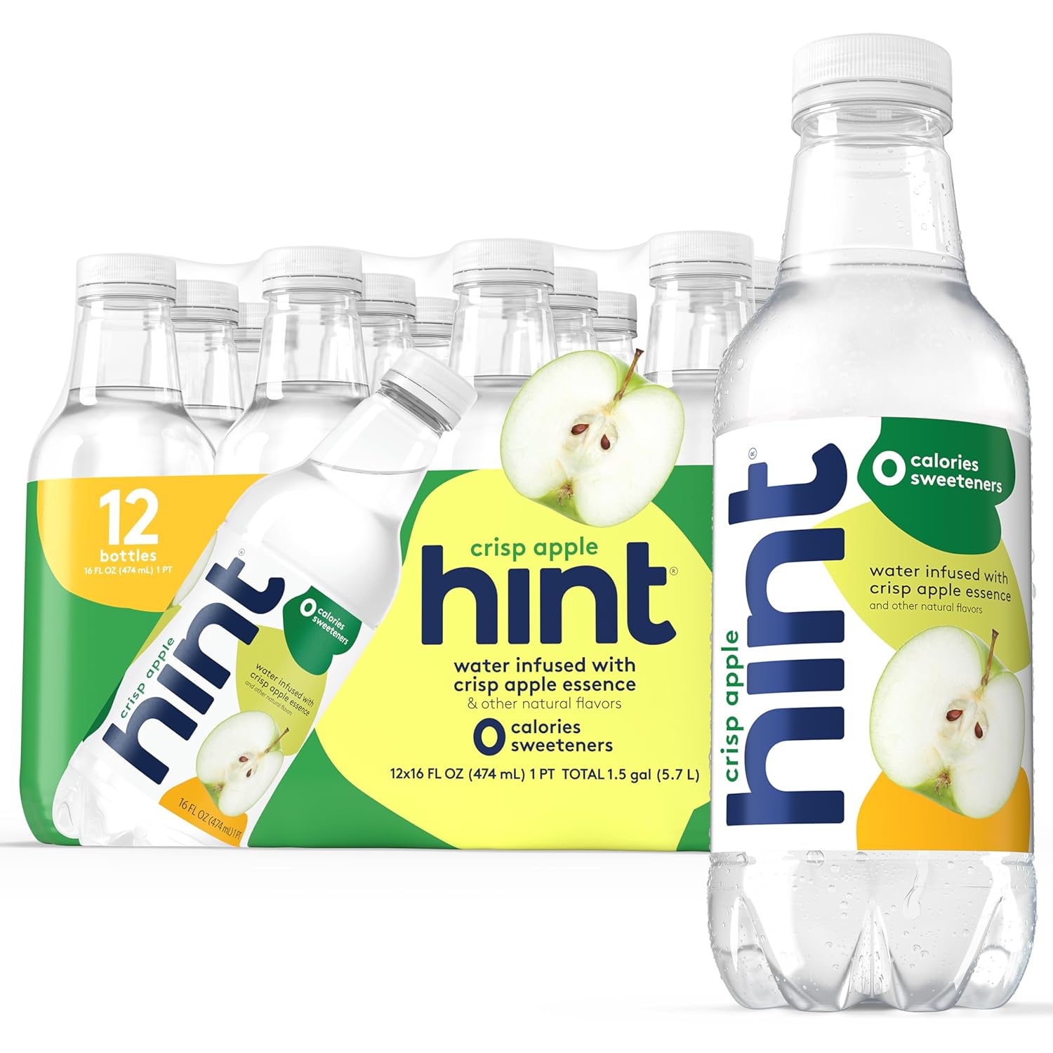 Hint Fruit-Infused Bottled Water, Crisp Apple - Sugar Free Flavored Water with Zero Calories, Naturally Flavored, and No Artificial Sweeteners - 16 Fl Oz (Pack of 12)