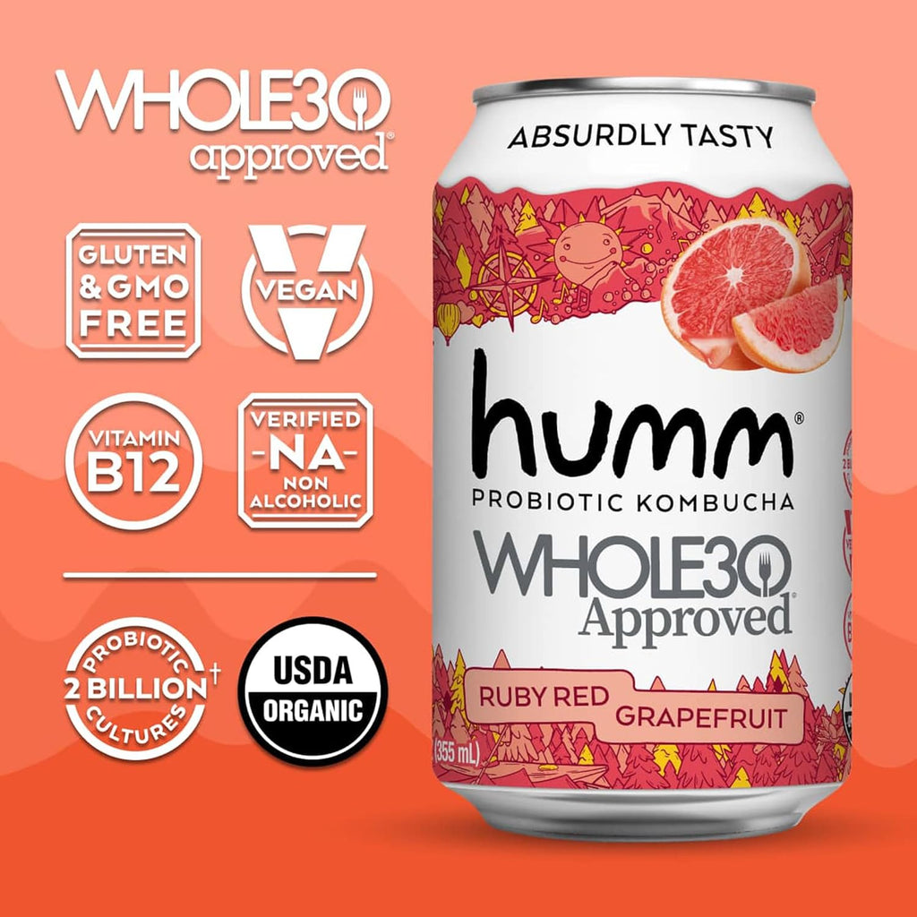 Humm Whole30 Approved Kombucha, Ruby Red Grapefruit, Organic, Vegan & GMO Free (24 Pack)