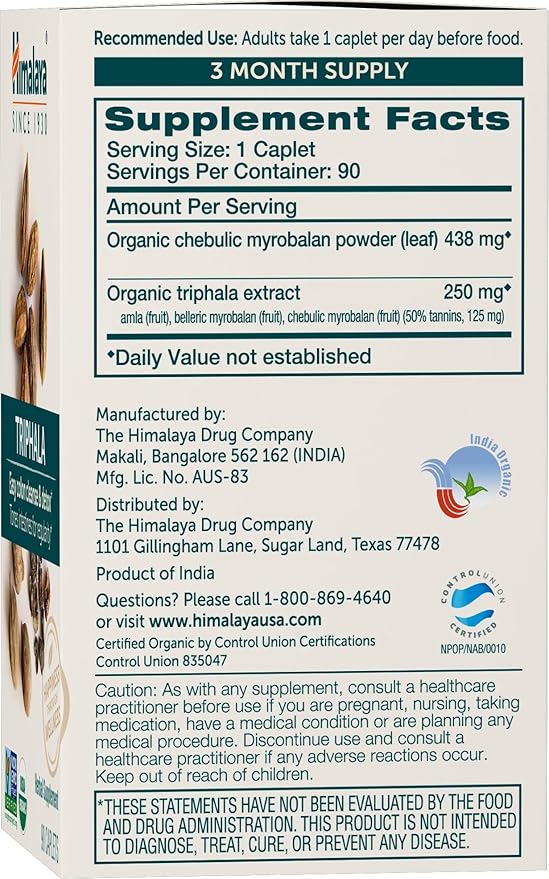 Himalaya Organic Triphala, 90 Day Supply - Digestive Health Supplement for Colon Cleanse & Occasional Bloating and Constipation Relief - USDA Organic, Vegan, Non-GMO, Gluten Free, 688 mg, 90 Caplets