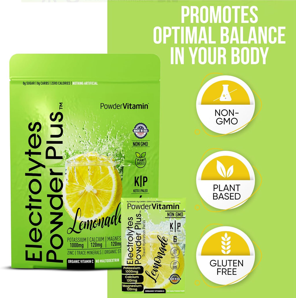 PowderVitamin Electrolytes Powder Plus, Keto, Lemonade, Sugar Free, Pink Himalayan Salt, 1000mg Potassium, 120mg Calcium, 120mg Magnesium, Non-GMO, Zero Calories, (16 Hydration Packets)