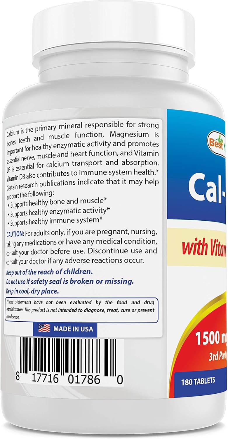 Best Naturals Calcium Magnesium with Vitamin D3 1500mg Serving 180 Tablets (180 Count (Pack of 1))