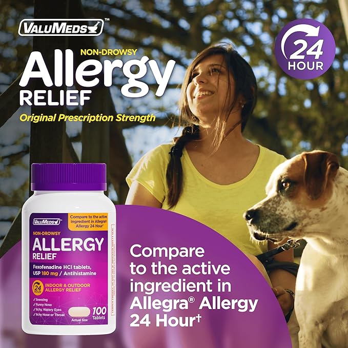 ValuMeds | Compare to Allegra | Fexofenadine HCl 180mg | 24-Hour Allergy Relief, Non-Drowsy Antihistamine Generic Medicine for Allergies, Hay Fever, Itchy Eyes | for Kids & Adults (100 Count)