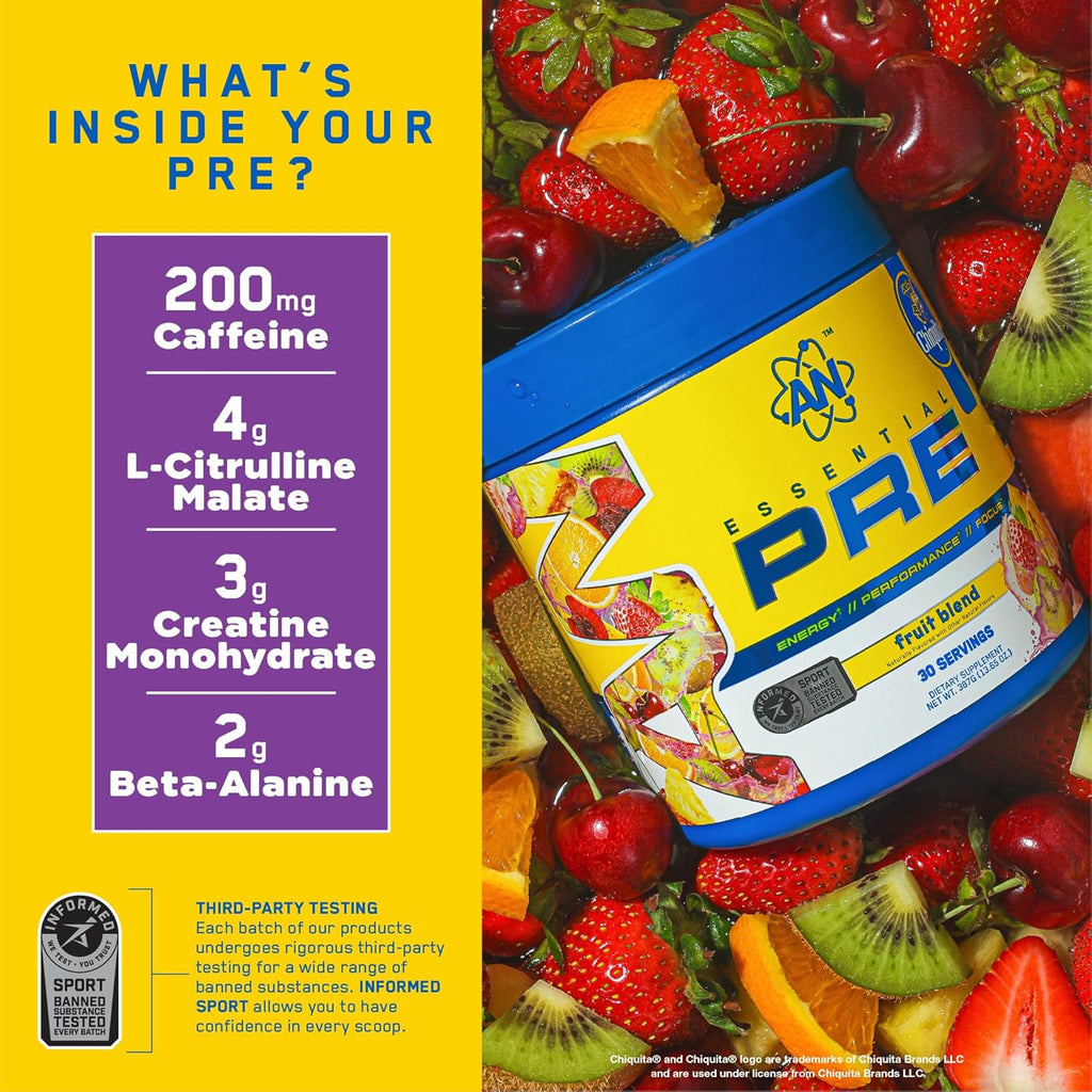 AN Essentials Pre-Workout Powder Supplement for Men & Women | Energy Drink Mix with 200mg Caffeine, Beta Alanine, Citrulline, & Creatine | Fruit Blend | 30 Servings