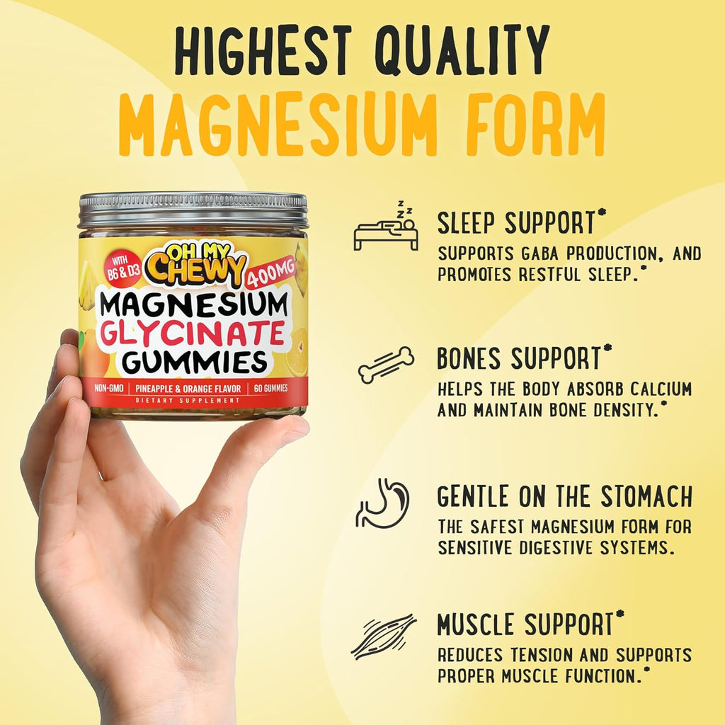 Center-Filled Magnesium Glycinate Gummies 400MG - High Absorption for Kids, Teens & Adults - Supplement for Sleep, Calm & Muscle Relaxation with B6 & D3 - Gluten Free & Vegan Friendly - 120 Count
